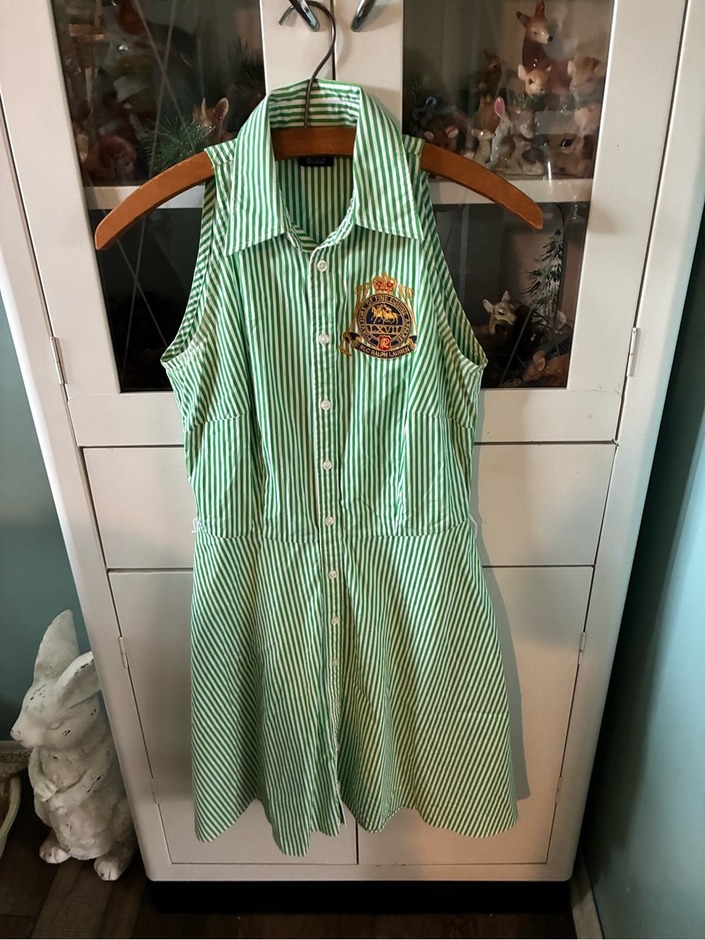 Ralph Lauren Sport sz 6 Sleeveless Green Stripe Dress with Crest euc